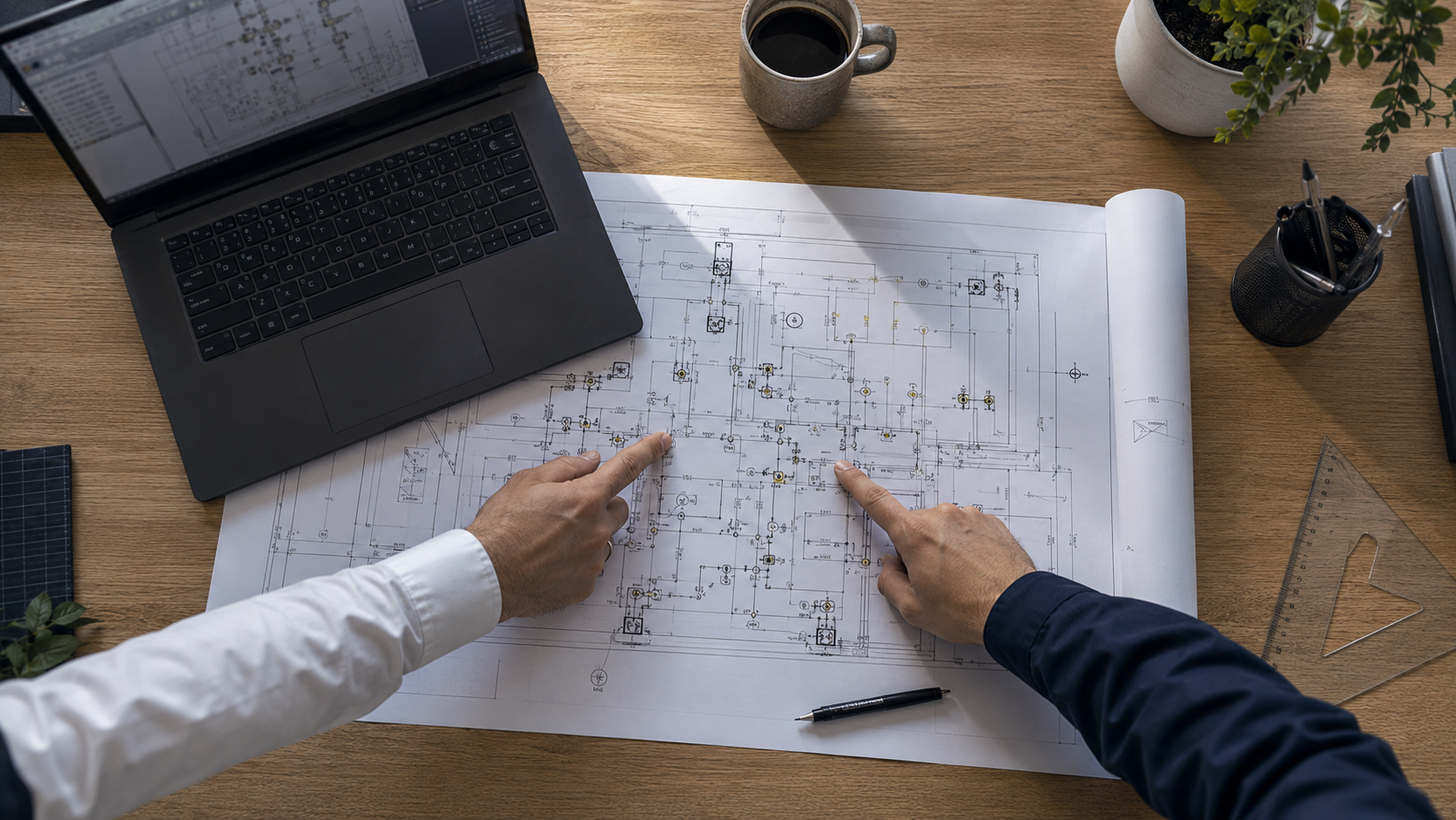 Planzeichnung mit Hnden von Architekt und Elektriker
