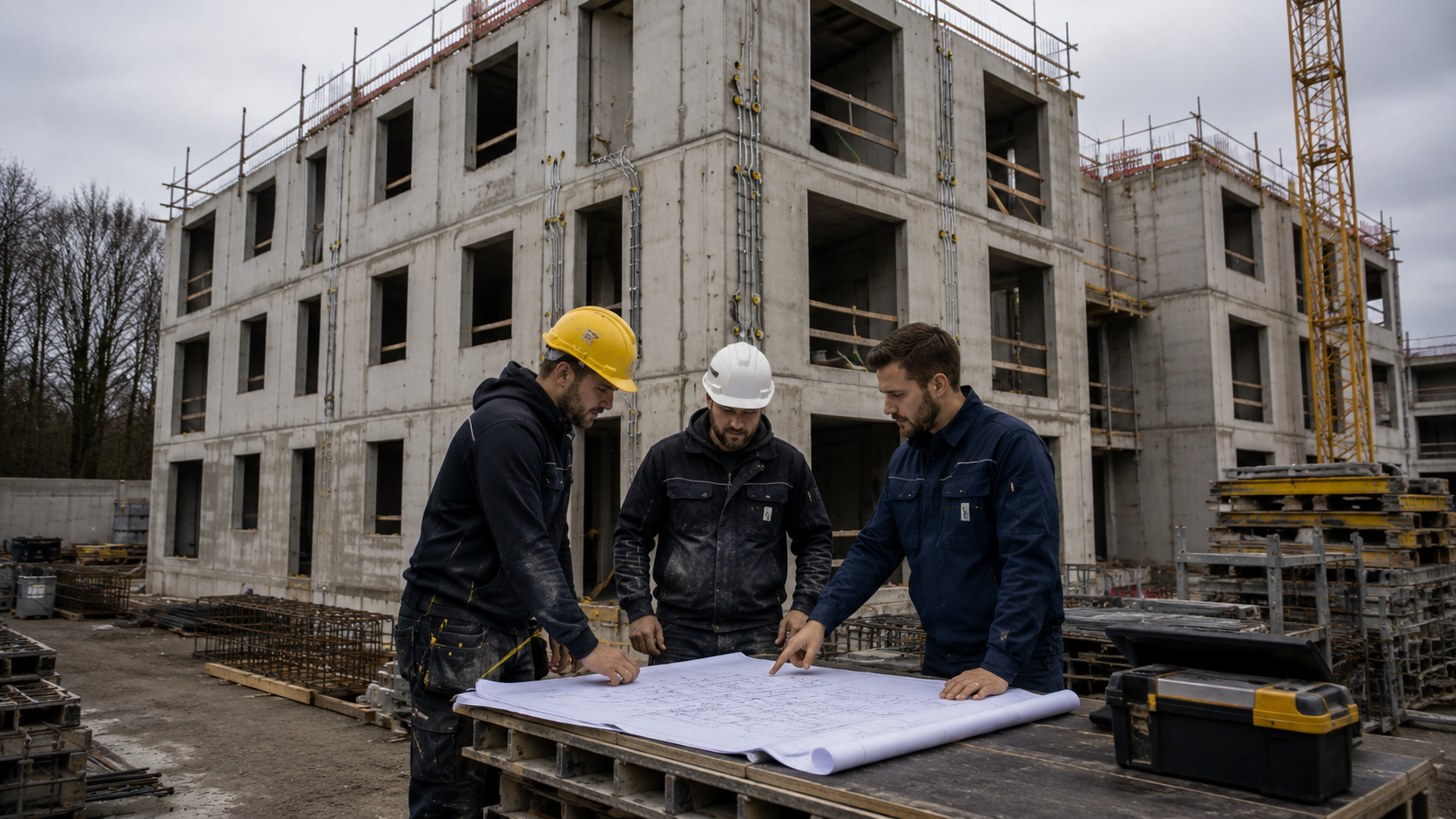 Wohnbau-Baustelle mit Elektriker und Bauleitung