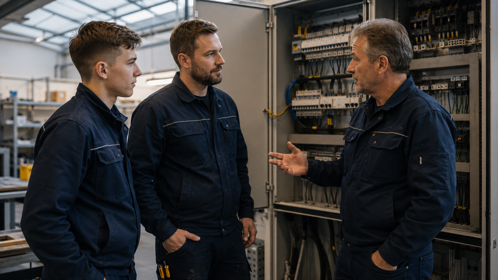 Drei Elektriker im Gesprch in der Werkstatt