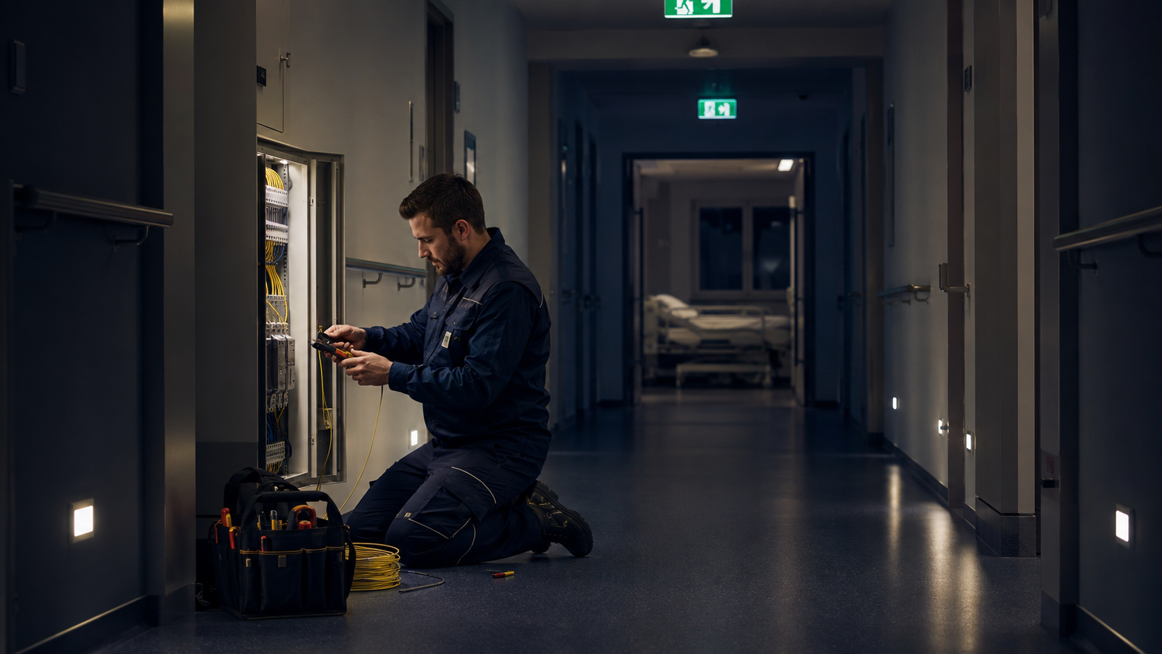 Elektriker im Krankenhausflur bei Nacht an der NSHV