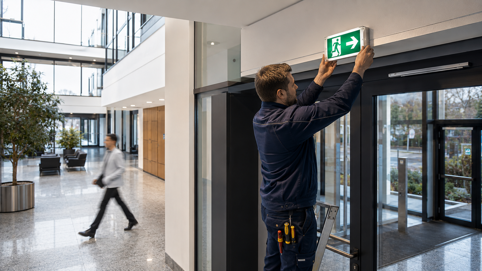 Verwaltungsgebude mit Notausgangsschild-Installation