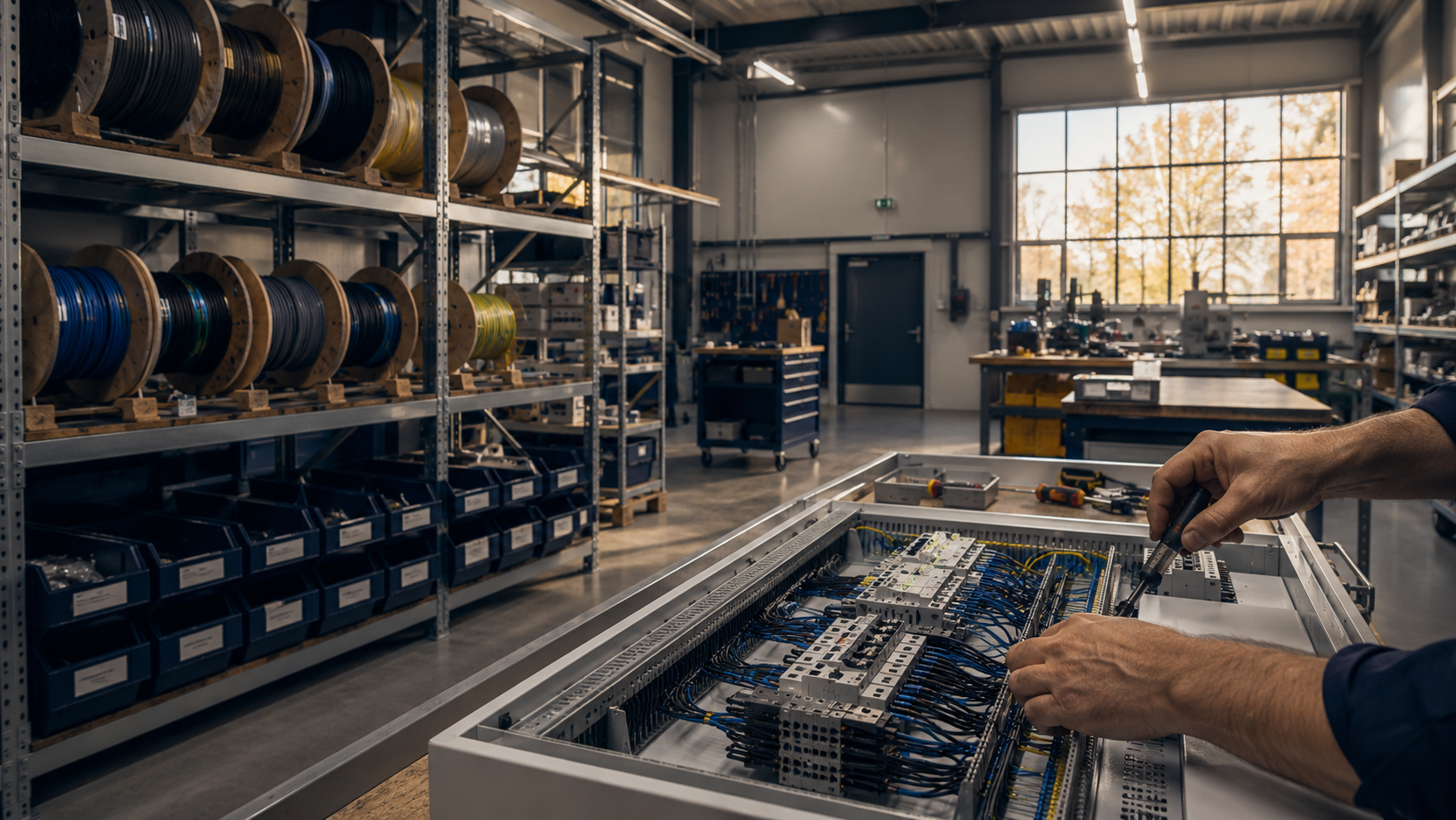 Werkstattinnenraum mit Elektroinstallation