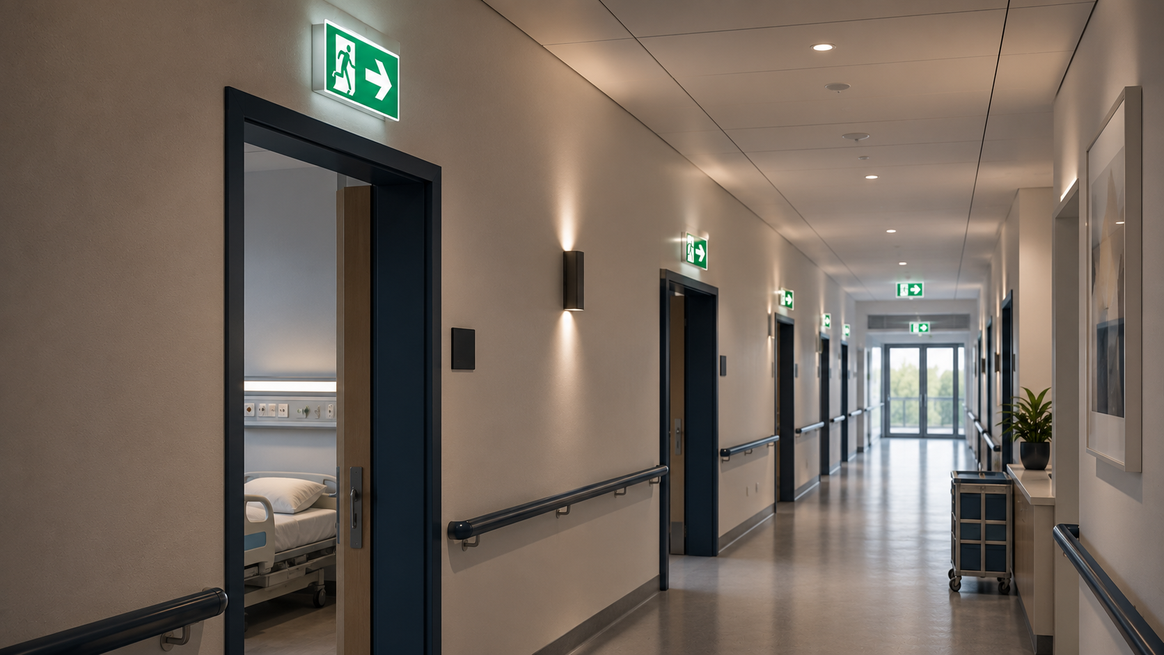 Klinikkorridor mit Rettungszeichenleuchten
