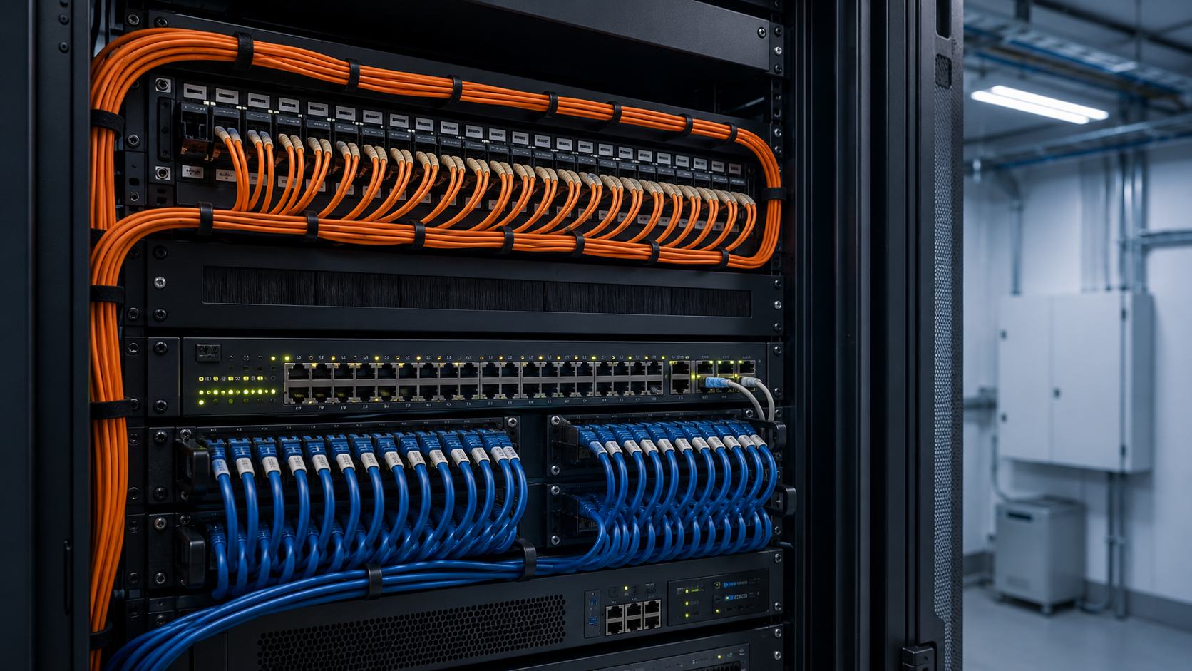Serverrack mit LWL- und Kupfer-Patchkabeln
