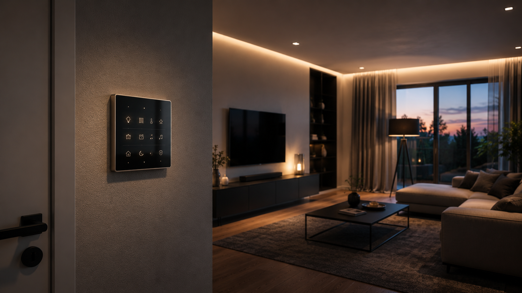 Wohnzimmer mit KNX-Bedienpanel bei Abendlicht