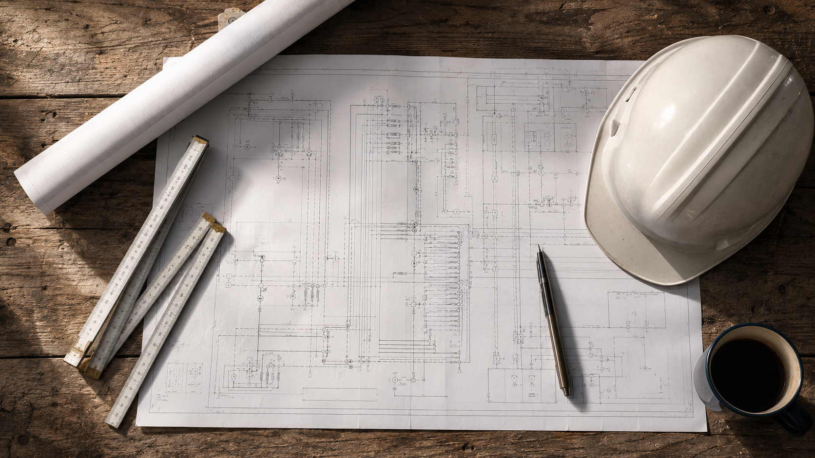 Planzeichnung mit Bauleitungswerkzeug